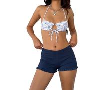 Nicoxijia Women Sexy Low Rise Shirred Mini Shorts Y2k Ruffle Frill Boy Shorts Smocked Ruched Micro Bloomers Pj Lounge Shorts (Dark Blue, S)