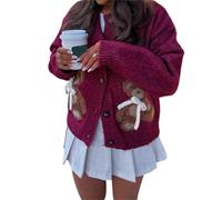 Nicoxijia Women Y2K Button Down Cardigan Sweater Long Sleeve Cute Bow Bear Open Front Cropped Knit Cardigan Fall Coat Outwear (Red, XL)