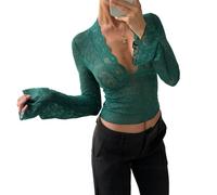 Nicoxijia Women Y2k Lace Long Sleeve Crop Tops Sexy Sheer See Through T Shirts Slim Fit Low Cut Floral Embroidery Blouse Top (Green, L)
