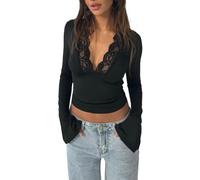 Nicoxijia Women Y2k Lace Long Sleeve Crop Tops Sexy Sheer See Through T Shirts Slim Fit Low Cut Floral Embroidery Blouse Top (B-Black, L)