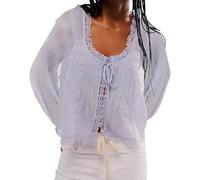 Nicoxijia Women Y2k Lace Trim Tie Front Top Long Sleeve Ruffle Button Down Chiffon Cardigan Shirt Flowy Peplum Going Out Tops (D-Purple, S)