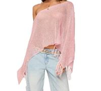 Nicoxijia Women Y2K Sheer Knit Poncho Top Lightweight Summer Beach Knit Shrug Shawl Bolero Off Shoulder Mesh Sweater Cover Up (C-Pink, S)