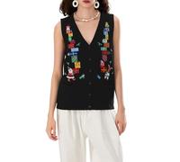 Nicoxijia Women's Christmas Embroidered Knit Sweater Vest Button Down V Neck Crochet Crop Top Open Front Xmas Knit Tank Vest (Black, M)
