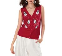 Nicoxijia Women's Christmas Embroidered Knit Sweater Vest Button Down V Neck Crochet Crop Top Open Front Xmas Knit Tank Vest (Watermelon Red, M)
