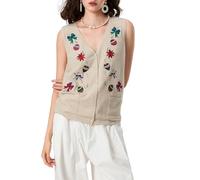 Nicoxijia Women's Christmas Embroidered Knit Sweater Vest Button Down V Neck Crochet Crop Top Open Front Xmas Knit Tank Vest (Beige, S)