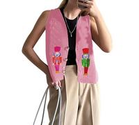Nicoxijia Women's Christmas Embroidered Knit Sweater Vest Button Down V Neck Crochet Crop Top Open Front Xmas Knit Tank Vest (B-Pink, L)