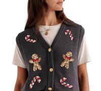 Nicoxijia Women's Christmas Embroidered Knit Sweater Vest Button Down V Neck Crochet Crop Top Open Front Xmas Knit Tank Vest (C-Dark Grey, M)