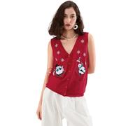 Nicoxijia Women's Christmas Embroidered Knit Sweater Vest Button Down V Neck Crochet Crop Top Open Front Xmas Knit Tank Vest (Red, L)