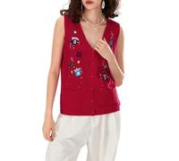 Nicoxijia Women's Christmas Embroidered Knit Sweater Vest Button Down V Neck Crochet Crop Top Open Front Xmas Knit Tank Vest (Multicolor, L)