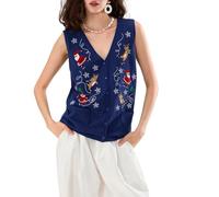 Nicoxijia Women's Christmas Embroidered Knit Sweater Vest Button Down V Neck Crochet Crop Top Open Front Xmas Knit Tank Vest (Blue, L)