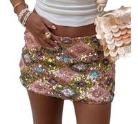 Nicoxijia Women's Sequin Sparkly Mini Skirt Glitter Low Waist Pencil Skirts Dance Party Club Music Festival Night Out Dresses (Rose Red, M)