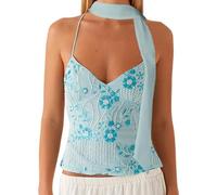 Nicoxijia Women's Y2k Sequin Sparkle Halter Crop Tops Sexy V Neck Beaded Cami Tank Embellished Party Going Out Top with Scarf (Blue, S)