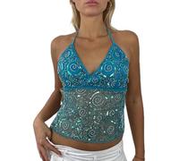 Nicoxijia Womens Y2K Sexy Sequin Sparkle Halter Crop Tops Going Out Backless V-Neck Camisole Slim Fit Coquette Cami Tank Top (C-Blue, S)