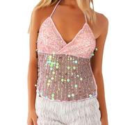Nicoxijia Womens Y2K Sexy Sequin Sparkle Halter Crop Tops Going Out Backless V-Neck Camisole Slim Fit Coquette Cami Tank Top (B-Pink, L)