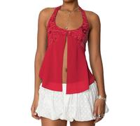 Nicoxijia Womens Y2K Sexy Sequin Sparkle Halter Crop Tops Going Out Backless V-Neck Camisole Slim Fit Coquette Cami Tank Top (Red, S)