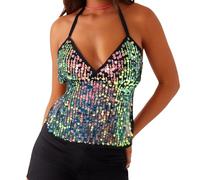 Nicoxijia Womens Y2K Sexy Sequin Sparkle Halter Crop Tops Going Out Backless V-Neck Camisole Slim Fit Coquette Cami Tank Top (B-Black, M)