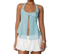 Nicoxijia Womens Y2K Sexy Sequin Sparkle Halter Crop Tops Going Out Backless V-Neck Camisole Slim Fit Coquette Cami Tank Top (Blue, S)