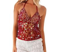 Nicoxijia Womens Y2K Sexy Sequin Sparkle Halter Crop Tops Going Out Backless V-Neck Camisole Slim Fit Coquette Cami Tank Top (B-Red, M)