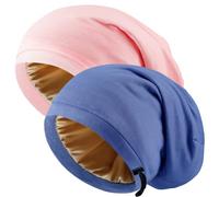 NICPOO 2 Pcs Adjustable Silk Satin Bonnet for Sleeping, Women Men Sleep Cap, Silk Lined Slouchy with Adjustable Strap, Curly Hair Head Scarf Night Caps, Blue+pink