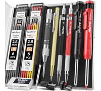 Nicpro 11 Pack Carpenter Pencil Set with Sharpener, Mechanical Carpenter Pencils with 40 Refill, Automatic Center Punch and Carbide Scribe Tool, Heavy Duty Construction Pencil for Architect-With Case