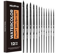 Nicpro 12pcs Watercolour Paint Brushes, Round Pointed Tip Paint Brush Set, Professional Soft Synthetic Squirrel Paint Brushes, Artist Painting Brushes for Watercolour, Inks, Gouache, Acrylic, Oil