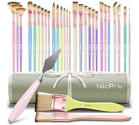 Nicpro 30pcs Paint Brush Set, Aesthetic Pastel Paintbrushes with Paint Spatula and Cloth Roll, Craft Paint Brushes for Acrylic Painting Oil Watercolour Gouache, Art Supplies for Artists and Beginners