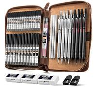 Nicpro 45PCS Black & Silver Metal Mechanical Pencil Set in Leather Case, Art Drafting Pencil 0.5, 0.7, 0.9 mm, 2mm Lead Holders for Sketching Drawing With 27 Tube (6B 4B 2B HB 2H 4H Colors)Lead Refill