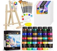 Nicpro Acrylic Paint Canvas Set for Adults, 46PCS Art Painting Supplies Kit for Adults with 24 Paints(36ML), Table Wood Easel, 5 Canvas Panels, 12 Brushes, Paper Pad, Palette for Kids Artist Beginner