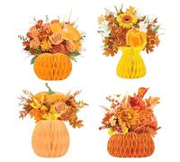 NICROHOME EUR Fall Decoration, 4 PCS Honeycomb Paper Vase Set with Flowers Pumpkin Pattern, Brown Orange Fall Paper Vase Table Centerpiece for Thanksgiving Halloween Home Kitchen Autumn Table Decor