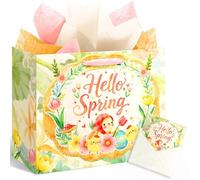 Nicrolandee 13" Easter Gift Bag with Wrapping Tissue and Greeting Card Large Easter Paper Bag with Ribbon Handle Bunny Chick Egg Glitter Outline Design 1 Pack