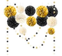 NICROLANDEE Black Gold Party Decorations - 15 PCS Tissue Paper Pom Poms Kit for New Year, Wedding, Birthday, Engagement, Graduation Party Decor