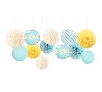 NICROLANDEE Daisy Birthday Party Decorations, 12 PCS Pastel Yellow Blue Paper Lanterns Tissue Pom Poms Decor for Mother's Day, Daisy Theme Party, Garden Wedding Decorations
