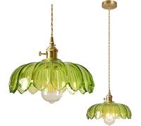 NICRX 25cm Industrial Vintage Pendant Lighting Fixture Glass Lotus Lamp Shade Pendant Light Chandelier E27 Brass Finish Ceiling Hanging Lamp (Green)