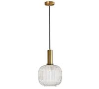 NICRX Clear Glass Pendant Light with Ribbed Glass Lamp Shade and Bronze Finish, Modern Retro Ceiling Light Hanging Lamp for Bedside Dining Table and Kitchen Island (M)