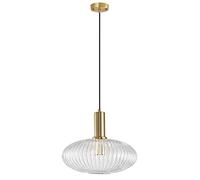 NICRX Clear Glass Pendant Light with Ribbed Glass Lamp Shade and Bronze Finish, Modern Retro Ceiling Light Hanging Lamp for Bedside Dining Table and Kitchen Island (L)