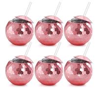 Nicunom 6 Pack Disco Ball Cups with Lids & Straws, 600ml Reusable Rose Gold Pink Ball Tumbler Disco Flash Ball Cup Sparkly Glitter Bachelorette Party Drinking Tea Syrup Bottle