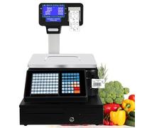 Nicvrea Digital Price Label Printing Scale, Electronic Barcode Weighing Scale Cash Register with Receipt Printer, Double-Sided LCD Display, 63 Shortcut Keys Commercial Scale for Shop Machine+Cashbox