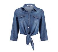 Nidddiv Denim Shirts for Women UK Tie Waist 3/4 Sleeve Jean Denim Shirt Knot Crop Jacket Button Down Top Ladies Denim Blouses Casual T Shirts Lapel Blue Cropped Shirt Tunic Tops Trendy Tee