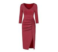 Nidddiv Evening Gowns for Women UK Party Cocktail Dresses Long Sleeve V-Neck Fashion Ball Dresses Ladies Hip Slit Dress Sparkling Dress Dress Prom Dresses Solid Colour Stretch Long Pleated Skirt Red