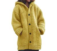 Nidddiv Knitted Cardigan Hooded Jackets for Women UK Solid Colour Knitted Sweater Plus Size Long Coat for Women Buttons Crochet Cardigans with Pocekts Casual Loose Fit Thermal Hoodies Winter Overcoat