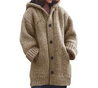 Nidddiv Knitted Cardigan Hooded Jackets for Women UK Solid Colour Knitted Sweater Plus Size Long Coat for Women Buttons Crochet Cardigans with Pocekts Casual Loose Fit Thermal Hoodies Winter Overcoat