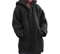 Nidddiv Knitted Cardigan Hooded Jackets for Women UK Solid Colour Knitted Sweater Plus Size Long Coat for Women Buttons Crochet Cardigans with Pocekts Casual Loose Fit Thermal Hoodies Winter Overcoat