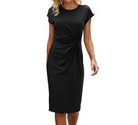 Nidddiv Ladies Casual Dresses Ruched Tshirt Dress Women UK Plus Size Round Neck Pullover Dress Solid Color Midi Dress Round Neck Loose Short Sleeved Bodycon Dress Lightweight Undershirts Dress Black
