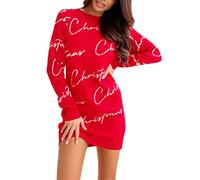 Nidddiv Ladies Christmas Dresses - Womens Knitwear O Neck Sweater Dresses for Women UK Red Pullover Knitted Jumper Dress Long Sleeve Sweaters Slim Stretchy Mini Ribbed Jumpers