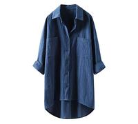 Nidddiv Ladies Long Blouses Lapel Loose Shirts Long Sleeve Button Down Loose Shirt with Pockets Cotton Line Elegant Shirt Lightweight Summer Breathable Shirt Tshirts Women UK Plus Size S-3XL Blue