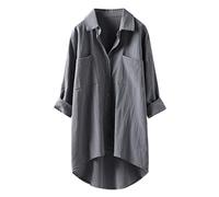 Nidddiv Ladies Long Blouses Lapel Loose Shirts Long Sleeve Button Down Shirt with Pockets Cotton Elegant Lightweight Summer Breathable Tshirts Women UK Plus Size S-3XL Grey