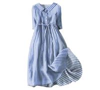 Nidddiv Ladies Striped Midi Dress High Waist Swing Dress 3/4 Length Sleeve Spring Dress Button Down Lace Up Beach Dress Lapel Neck Cotton Line Dresses for Women UK Lightweight Elegant Dress Blue