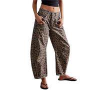 Nidddiv Leopard Women Fashion Loose Jeans Leopard Print Hip Hop Ladies Jeans Medium Rise Barrel Denim Pants with Pockets Streetwear Spring Casual Trousers Stretchy Denim Palazzo Pants