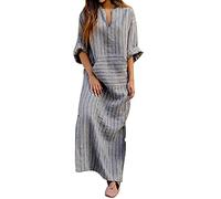 Nidddiv Maxi Dresses for Women UK Cotton Linen Casual Oversized Tunic Dress Long Sleeve Pullover Dress Ankle Length Beach Cover Ups with Kangaroo Pockets Baggy T Shirt Dress V Neck Spring Dress Grey