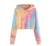 Nidddiv Tops Long Sleeve Patchwork Tie Dye Printed Sweatshirt Colourful Hooded Pullover Ladies Blouse Cropped Hoodie Women's Casual Loose Blouse Soft Comfy Jumper Short Sports Coat Loungewear Orange